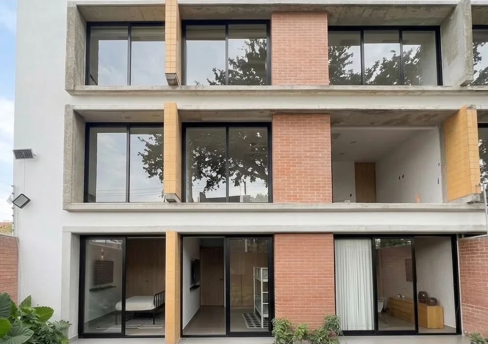 Fachada de la Torre 1 con el departamento muestra iluminado en planta baja