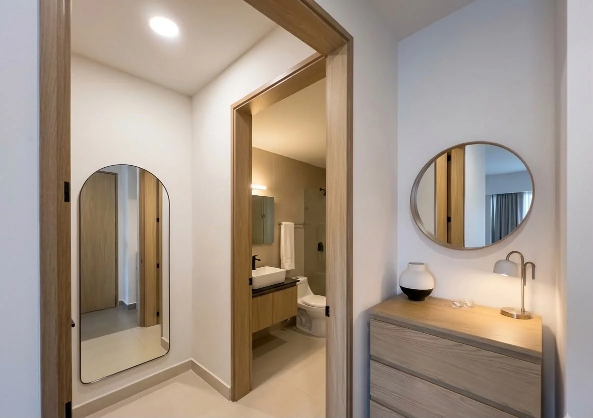 Pasillo del departamento muestra con espejo de cuerpo completo y acceso al baño