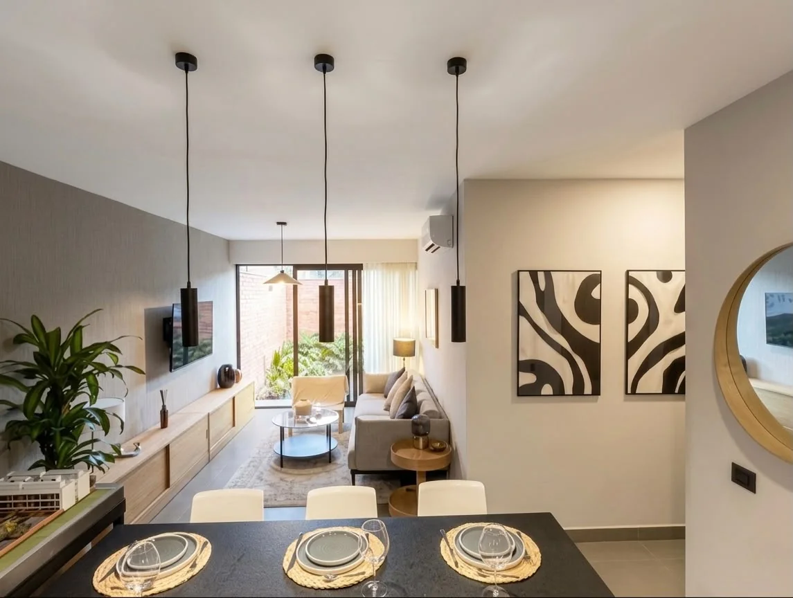 Sala y comedor del departamento muestra con luz de día y salida al jardín