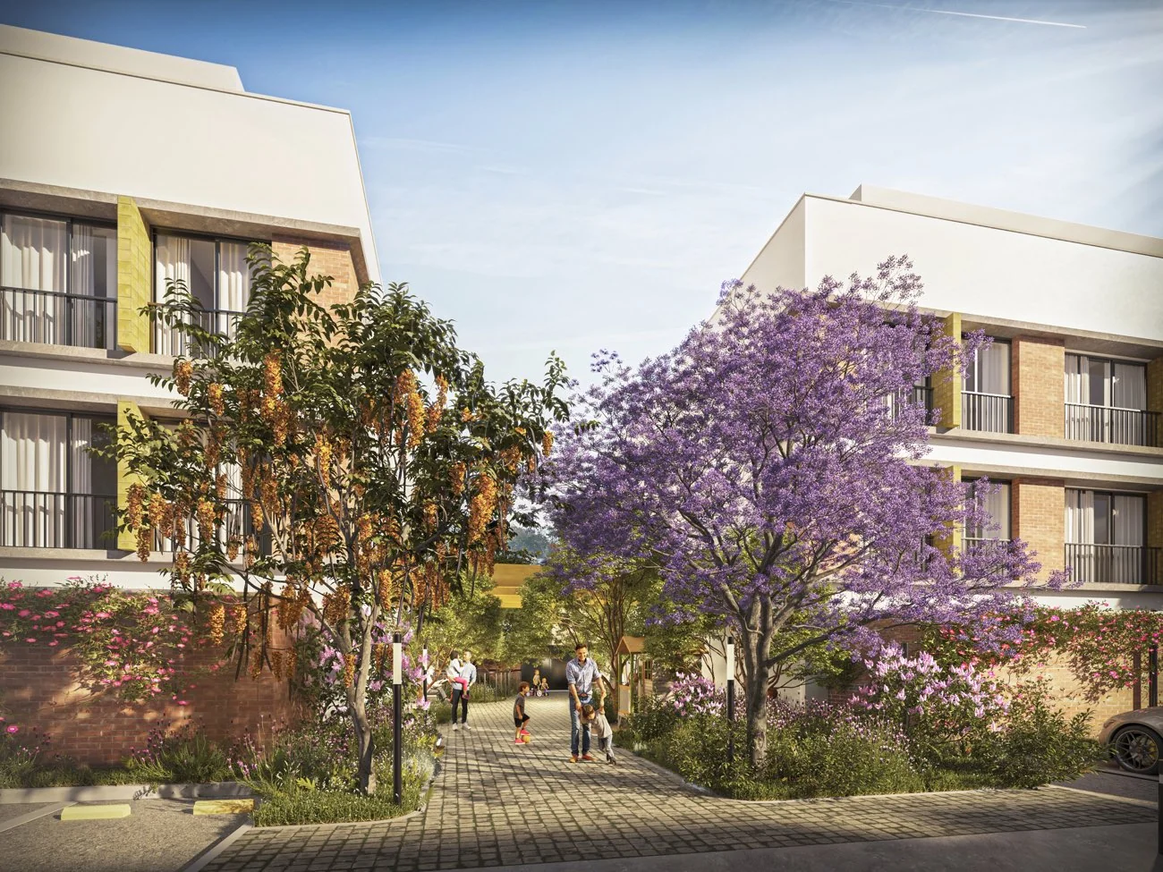 Render del andador central con jacaranda en flor