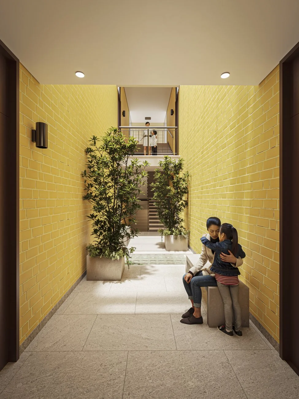 Render del pasillo exterior con vegetación