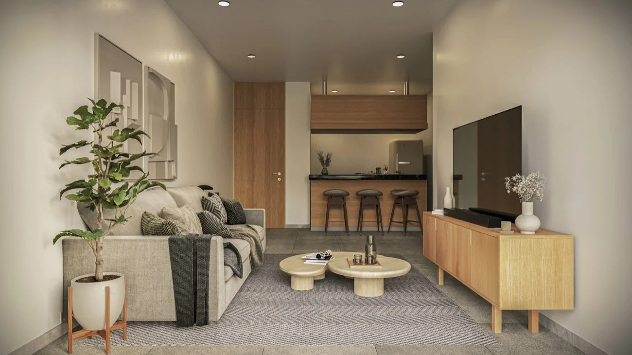 Render de sala y cocina integradas
